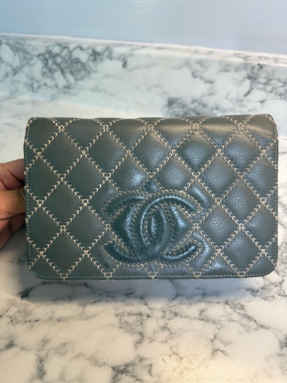 CHANEL Grey Wild Stitch Wallet On Chain WOC